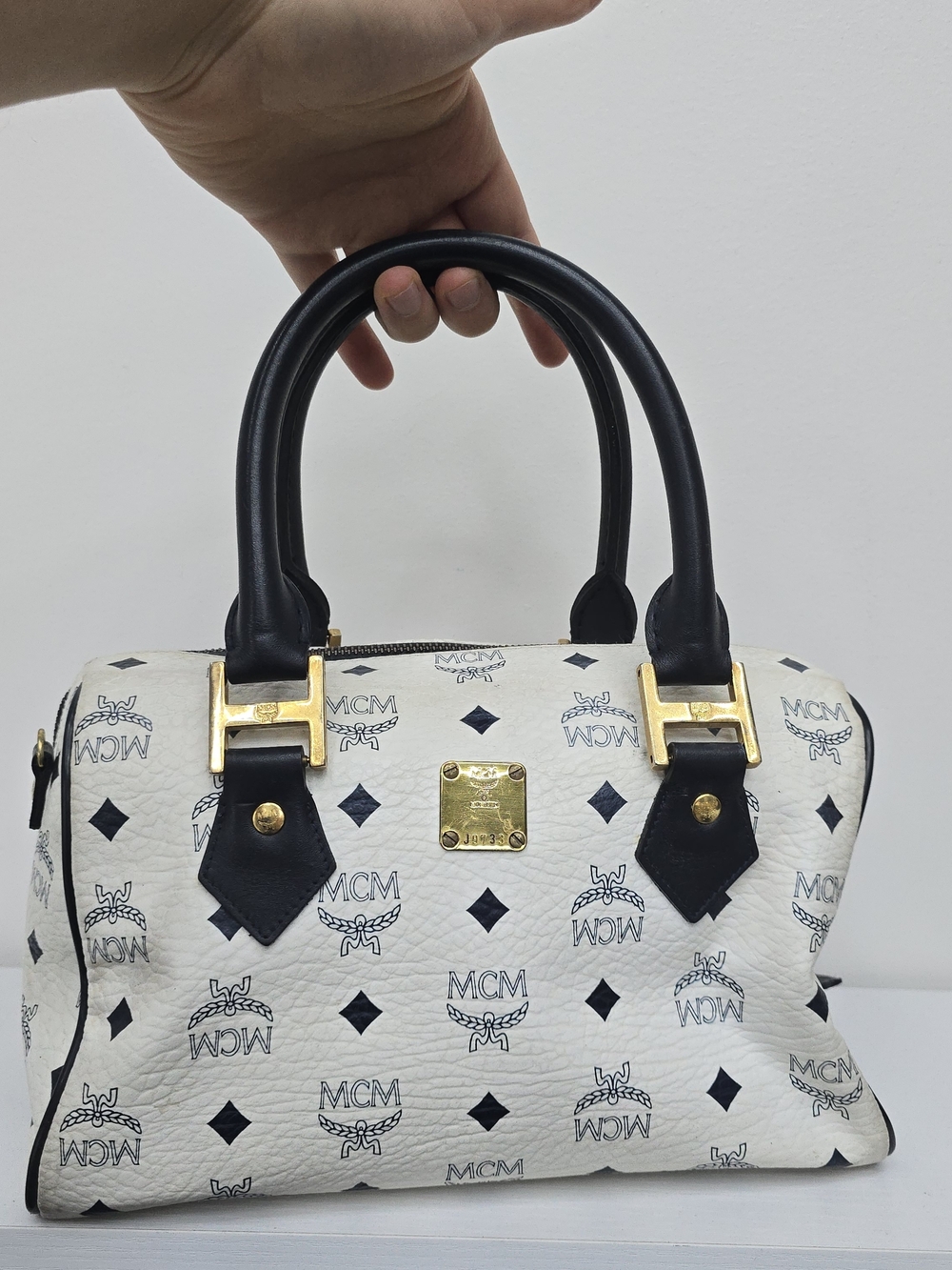 MCM White & Black Visetos Satchel Bag